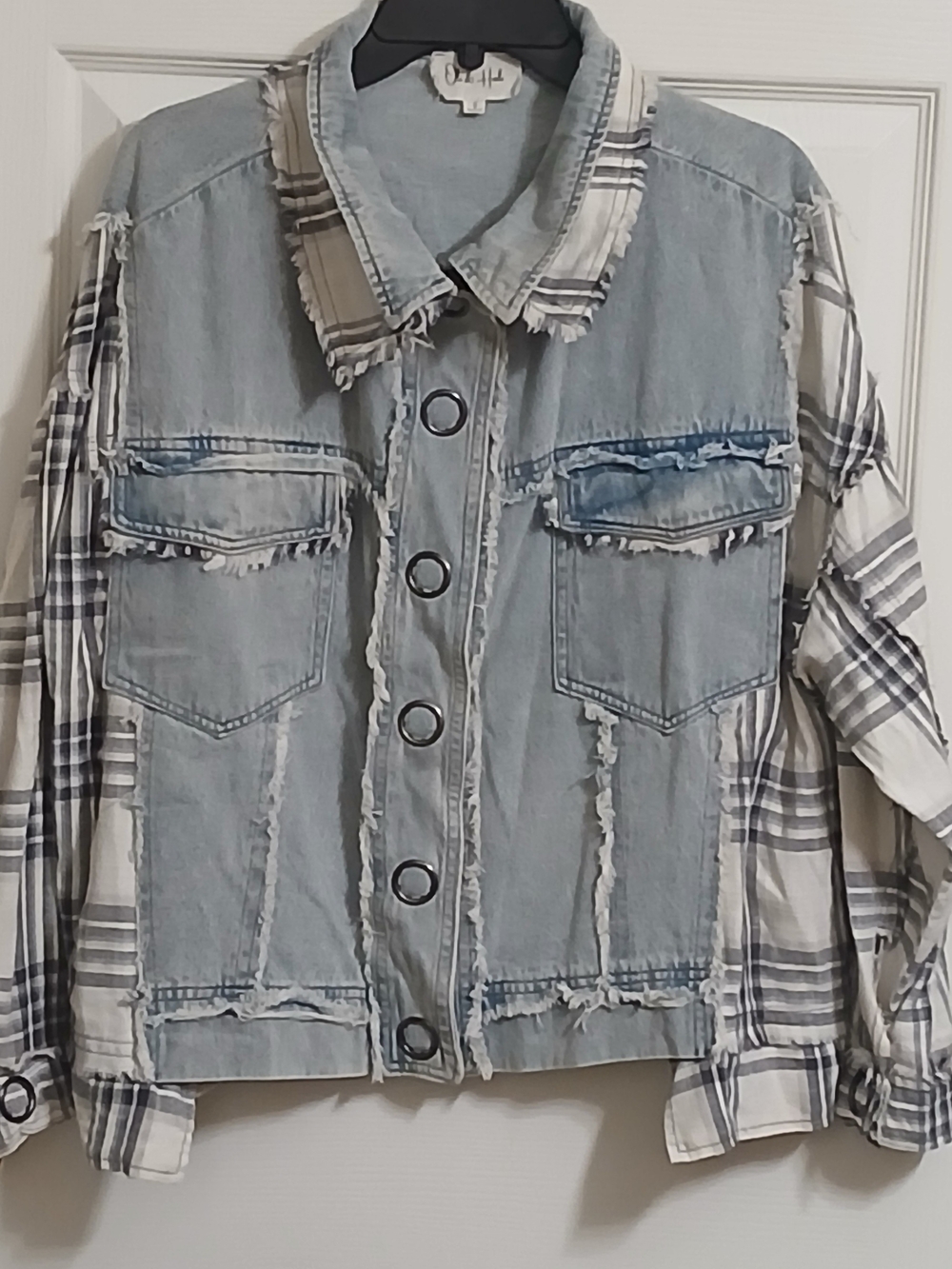 Oli & Hali Light Blue Denim Jacket with White and Navy Plaid Sleeves